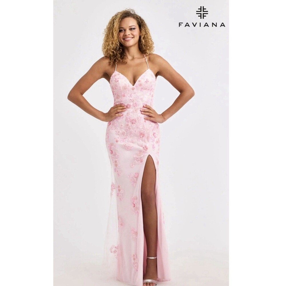 Faviana Prom Dress Rose Pink With Floral Beaded Appliqué | 11251 - Picture 3 of 14